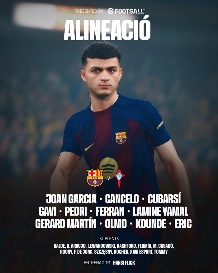 巴萨赛前公布首发阵容 亚马尔奥尔莫搭档引热议